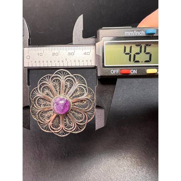 Vintage filigree amethyst sterling silver brooch made in Jerusalem - Picture 12 of 12